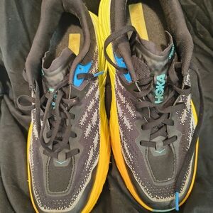 Hoka Men's Black and Blue Athletic Shoes with Yellow Soles